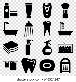 Hygiene icons set. set of 16 hygiene filled icons such as shower, cream tube, shaving brush, spray bottle, electric razor, soap, cloth hanging, sponge, tooth