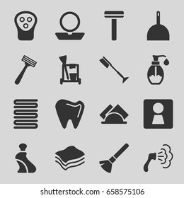 Hygiene icons set. set of 16 hygiene filled icons such as woman wc, shaving brush, razor, powder, cream tube, electric razor, cleaning tools, dustpan, towels, toothbrush