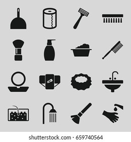 Hygiene icons set. set of 16 hygiene filled icons such as diaper, shaving brush, powder, razor, toothbrush, dustpan, laundry, bottle soap, sponge, paper towel, shower