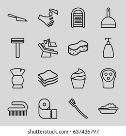 Hygiene icons set. set of 16 hygiene outline icons such as baby bath, razor, soap, cream, electric razor, brush, dustpan, sponge, paper towel, clean brush, tooth brush