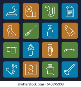 Hygiene icons set. set of 16 hygiene outline icons such as woman wc, electric razor, razor, shaving brush, soap, cream tube, mop, cloth hanging, sponge, paper towel, towels