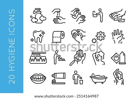 Hygiene icons. Set of 20 hygiene-themed trendy minimal icons. Example: Soap, Hand Washing, Toothbrush, Germs, Bathtub icon. Design signs for web page, mobile app, packaging design. Vector illustration