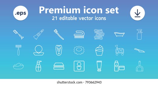 Hygiene icons. set of 21 editable outline hygiene icons includes man wc, cream tube, powder, cream, electric razor, dustpan, sponge, toothbrush, bottle soap, clean brush