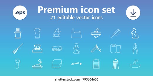 Hygiene icons. set of 21 editable outline hygiene icons includes baby napkin, bllade razor, razor, cream tube, soap, mop, towels, sink, shower, baby potty, electric razor