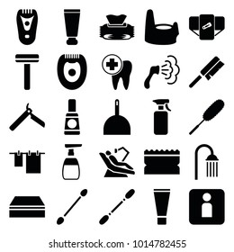 Hygiene icons. set of 25 editable filled hygiene icons such as diaper, baby potty, cream tube, bllade razor, razor, cotton buds, electric razor, dustpan, sponge, shower