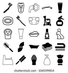 Hygiene icons. set of 25 editable filled and outline hygiene icons such as cream tube, toothbrush, brush, cleaning tools, clean brush, bath, sponge, baby bath, razor