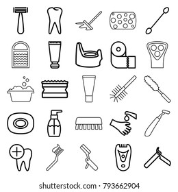Hygiene icons. set of 25 editable outline hygiene icons such as soap, baby potty, cream tube, bllade razor, razor, cotton buds, electric razor, bottle soap, sponge