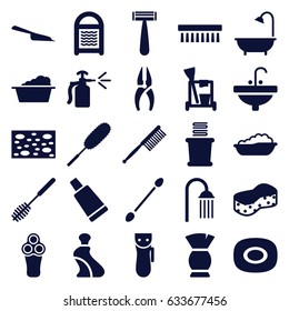 Hygiene icons set. set of 25 hygiene filled icons such as baby bath, soap, razor, electric razor, cream tube, cotton buds, brush, cleaning tools, toothbrush, dustpan, sponge