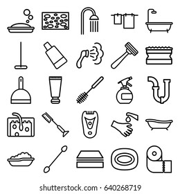 Hygiene icons set. set of 25 hygiene outline icons such as baby bath, cream tube, spray bottle, razor, cotton buds, electric razor, soap, mop, dustpan, sponge, toothbrush