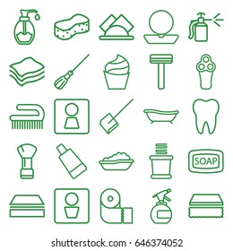 Hygiene icons set. set of 25 hygiene outline icons such as man wc, woman wc, baby bath, electric razor, shaving brush, razor, spray bottle, powder, cream, cream tube, soap