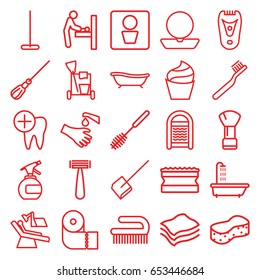 Hygiene icons set. set of 25 hygiene outline icons such as man wc, baby changing room, shower, razor, shaving brush, spray bottle, powder, cream, toothbrush, electric razor