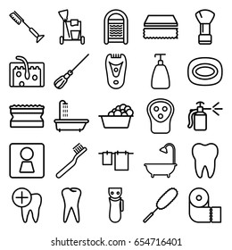 Hygiene icons set. set of 25 hygiene outline icons such as woman wc, shower, electric razor, shaving brush, soap, toothbrush, cleaning tools, mop, sponge, cloth hanging