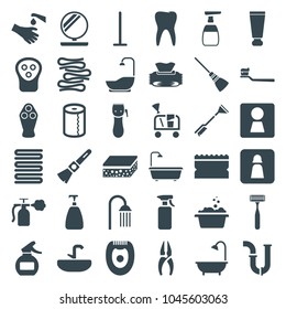 Hygiene icons. set of 36 editable filled hygiene icons such as woman wc, cream tube, soap, electric razor, mop, towels, paper towel, shower, nippers, pipe, hands washing