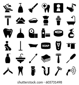 Hygiene icons set. set of 36 hygiene filled icons such as woman WC, baby bath, bllade razor, razor, electric razor, shaving brush, spray bottle, soap, cream tube, cotton buds