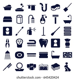 Hygiene icons set. set of 36 hygiene filled icons such as man wc, woman wc, diaper, soap, razor, powder, cream tube, electric razor, cotton buds, brush, toothbrush, mop