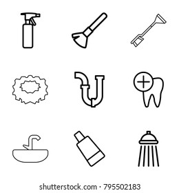 Hygiene icons. set of 9 editable outline hygiene icons such as shaving brush, spray bottle, cream tube, pipe, dental care, shower, toothbrush, sponge