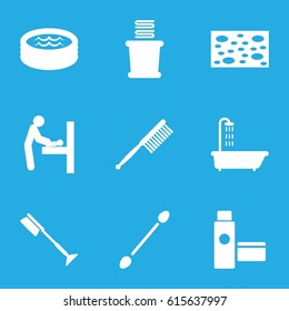 Hygiene icons set. set of 9 hygiene filled icons such as baby changing room, shower, cotton buds, toothbrush, sponge, towels, jacuzzi