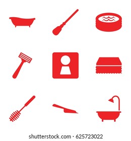 Hygiene icons set. set of 9 hygiene filled icons such as woman WC, razor, dustpan, mop, sponge, toilet brush, shower, jacuzzi
