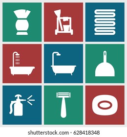 Hygiene icons set. set of 9 hygiene filled icons such as shower, razor, brush, soap, cleaning tools, dustpan, towels
