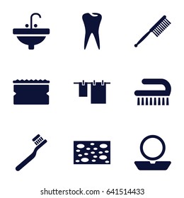 Hygiene icons set. set of 9 hygiene filled icons such as powder, toothbrush, sponge, cloth hanging, clean brush, sink