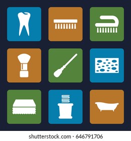 Hygiene icons set. set of 9 hygiene filled icons such as shaving brush, mop, sponge, clean brush, towels, tooth