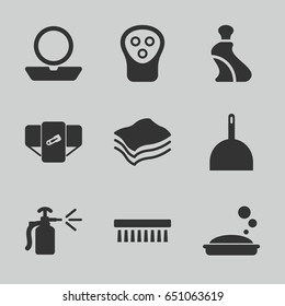 Hygiene icons set. set of 9 hygiene filled icons such as diaper, powder, cream tube, electric razor, soap, dustpan, clean brush, spray bottle