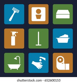Hygiene icons set. set of 9 hygiene filled icons such as man wc, spray bottle, razor, mop, sponge, laundry, paper towel, shower