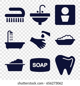 Hygiene icons set. set of 9 hygiene filled icons such as man wc, shower, baby bath, soap, laundry, clean brush, sink, hands washing