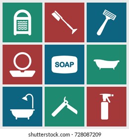 Hygiene icons set. set of 9 hygiene filled icons such as bllade razor, spray bottle, powder, razor, soap, toothbrush, sponge, shower