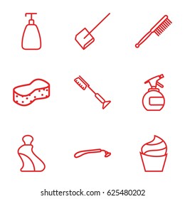 Hygiene icons set. set of 9 hygiene outline icons such as razor, spray bottle, soap, cream, cream tube, toothbrush, dustpan