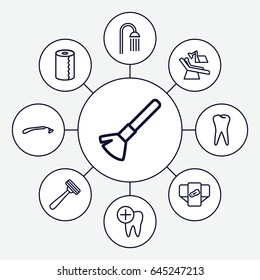 Hygiene icons set. set of 9 hygiene outline icons such as diaper, razor, shaving brush, paper towel, shower, tooth, dental care