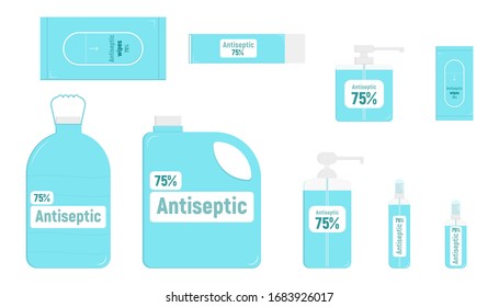 Hygiene Icons Set. Antiseptic Gel. Washing Hand with Soap. 75% ethanol disinfectant solution. Ethanol disinfectant solution, health care. Vector Illustration.