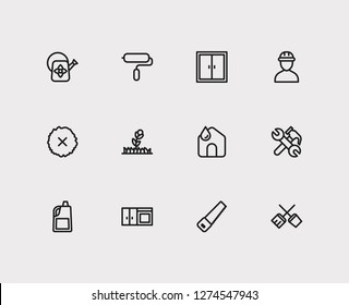 Hygiene icons set. Clean house and hygiene icons with saw, remove moss and worker. Set of bottle for web app logo UI design.