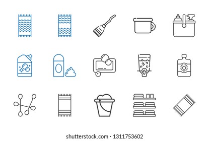 hygiene icons set. Collection of hygiene with beach towel, towels, bucket, cotton swab, sun lotion, dispenser, soap, foam, detergent, cleaning. Editable and scalable hygiene icons.