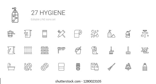 hygiene icons set. Collection of hygiene with broom, detergent, mask, toilet paper, sponge, bathtub, bucket, towels, cotton swab, towel, foam. Editable and scalable hygiene icons.