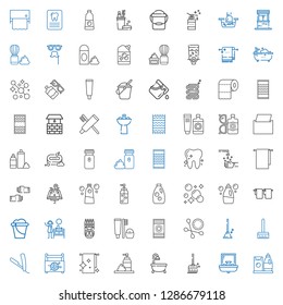 hygiene icons set. Collection of hygiene with detergent, sink, broom, bathtub, foam, towels, sewing box, razor, plunger, cotton swab, beach towel. Editable and scalable hygiene icons.