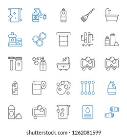 hygiene icons set. Collection of hygiene with glove, soap, towel, foam, detergent, cotton swab, toilet paper, bathtub, shaver, ph, makeup remover wipes. Editable and scalable hygiene icons.