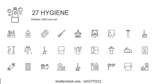 hygiene icons set. Collection of hygiene with mask, sun cream, broom, mouthwash, bathtub, beach towel, tissues, sink, cotton swab, detergent. Editable and scalable hygiene icons.