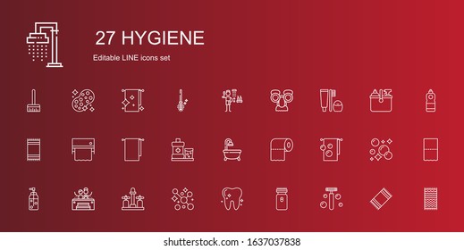 hygiene icons set. Collection of hygiene with razor, electric razor, tooth, soap, sink, jacuzzi, towel, toilet paper, bathtub, mouthwash. Editable and scalable hygiene icons.