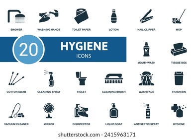 Hygiene icons set. Creative icons: shower, washing hands, toilet paper, lotion, nail clipper, mop, mouthwash, tissue box and more