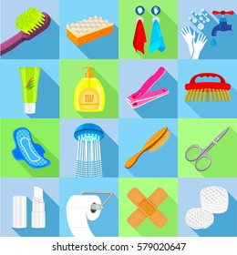 Hygiene icons set. Flat illustration of 16 hygiene must have items vector icons for web