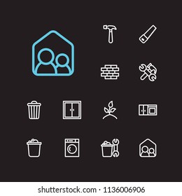 Hygiene icons set. Housekeeping tool and hygiene icons with trash bin, washing machine and hammer. Set of metal for web app logo UI design.