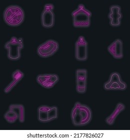 Hygiene icons set. Illustration of 16 hygiene items vector icons neon color on black
