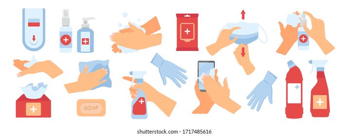 Hygiene Icons Set. Medical Mask, Soap, Antiseptic Gel, Cleaning Tissues, Gloves And Other Hygienic Products. Prevention Against Virus, Germs And Infection. Cleaning Products Signs Big Collection