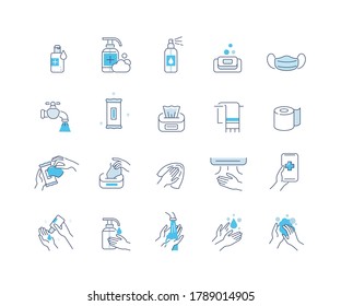 Hygiene Icons Set. Soap, Antiseptic Gel, Cleaning Tissues, Medical Mask and other Hygienic Products. Washing Hand with Soap. Cleaning Products Signs Collection. Flat Line Cartoon Vector Illustration.