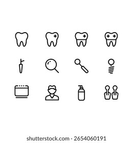 Conjunto de ícones de higiene, dente, fio dental, espelho dentário, implante dentário, dentista, enxaguante bucal, aparelho ortodôntico ilustração vetorial.