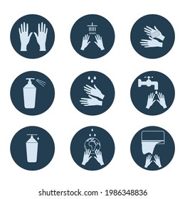 Hygiene icons set. Vector icons of hand washing and antibacterial soap, antiseptic use and sanitation. Wash your hands with soap and water.