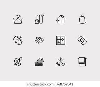 Hygiene icons set with window cleaning, ironing and cleaning service elements. Set of hygiene icons also including trash bag sign for your web app logo UI design.