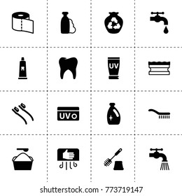 Hygiene icons. vector collection filled hygiene icons. includes symbols such as water tap, garbage, sponge, shampoo, toothbrush, brush. use for web, mobile and ui design.
