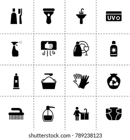Hygiene icons. vector collection filled hygiene icons. includes symbols such as spray bottle, garbage, dishes wash, liquid soap, gloves. use for web, mobile and ui design.